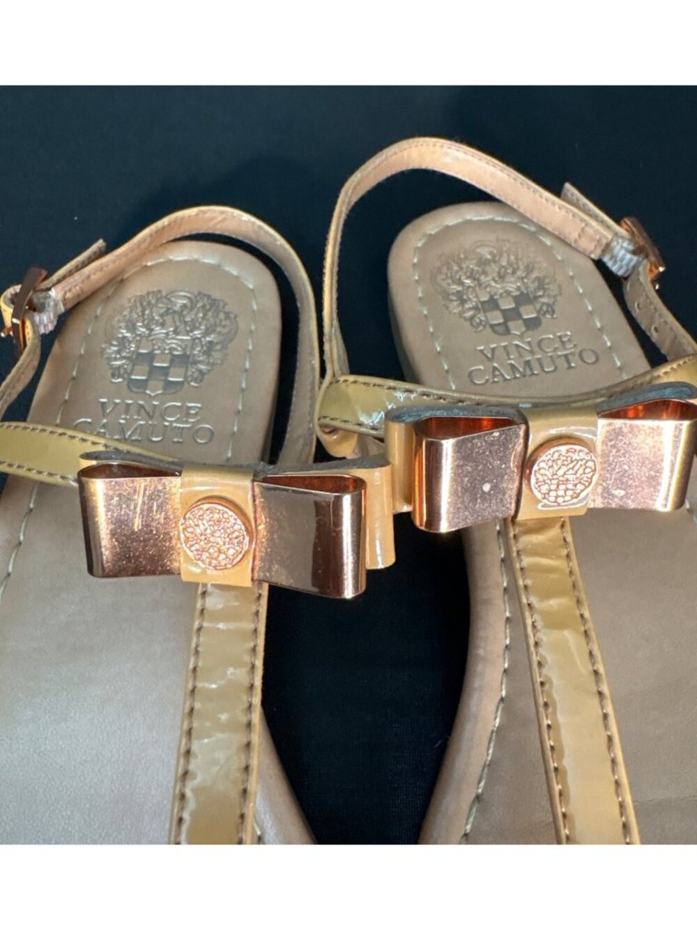 Vince Camuto “Malinda” Tan Thong Sandals Rose Gold Bow Accent Adjustable Straps - Picture 7 of 9